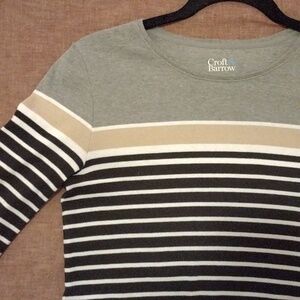 Croft & Barrow Long Sleeve Striped "Classic Tee" in Gray, Black, and Tan